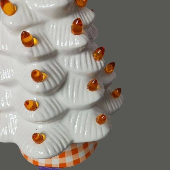 White Ceramic Christmas Tree With Orange Lights & Checkered Base - "14"Inches - Picture 5 of 5